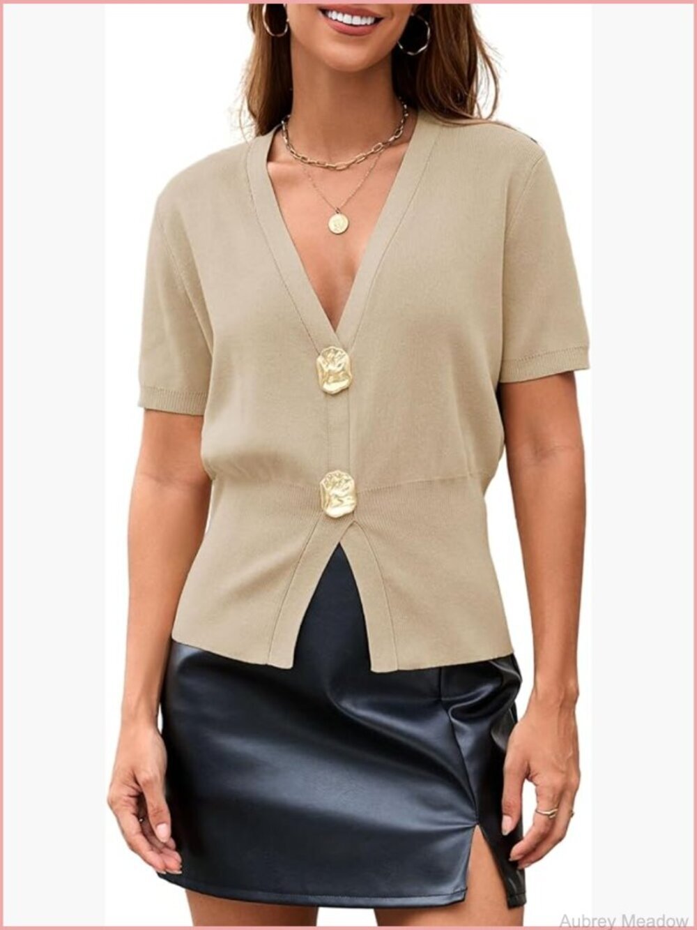 Womens Pullover Sweater Deep V Neck Button Up Short Sleeve Knit Top